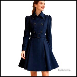 Wool Blend Pea Coat with Belt Buckle, Double Breasted, Fitted Flared